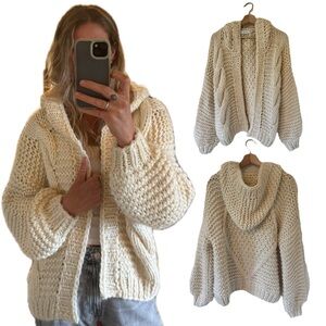 Anthropologie Greylin Cream Cable Knit Crochet Hood Oversized Cardigan Sweater